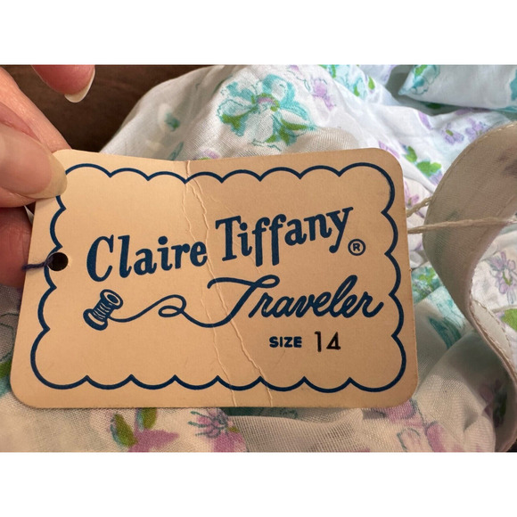 NOS Claire Tiffany Dress Sz 14 Floral Cottage Core Sheer Belted Vtg Chest 44" - Picture 7 of 7